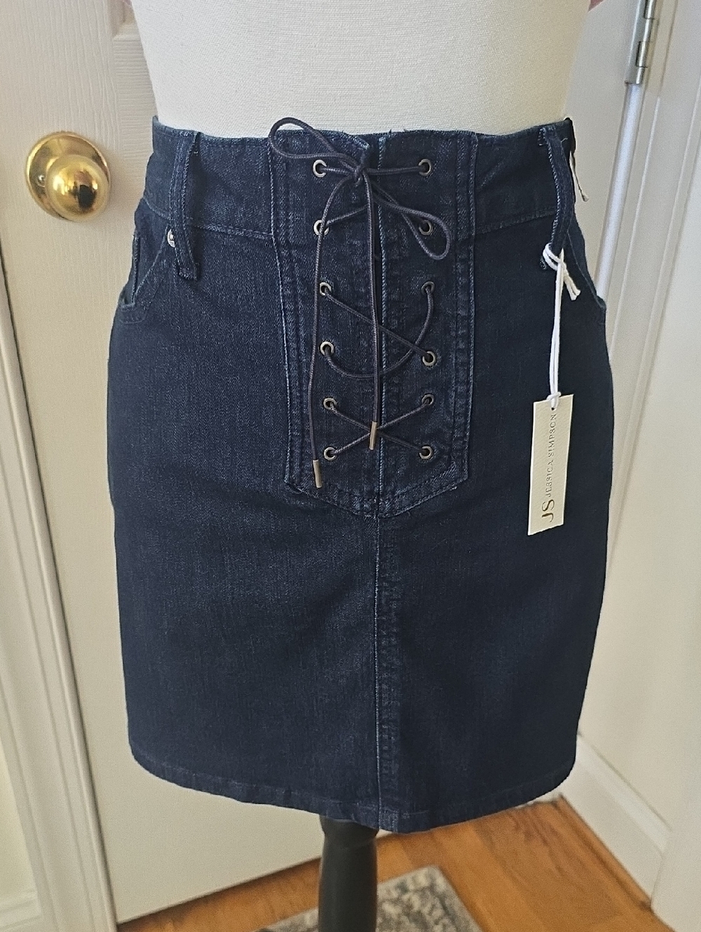 Jessica Simpson Brand Womens Blue Lace-Up Denim Skirt Classic Dark Wash Size 12